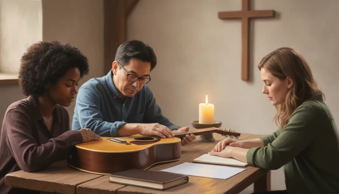Illustration of a worship team planning a Sunday service with shared tracks and approval workflow