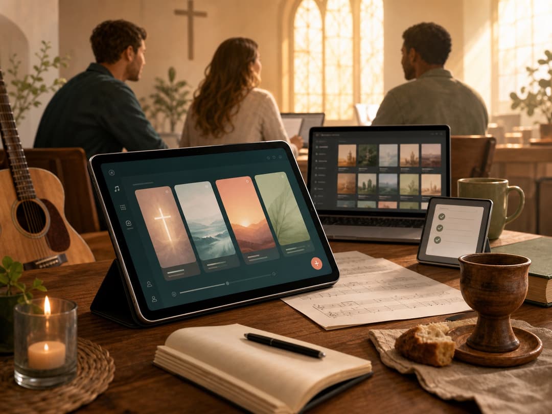 Illustration of a worship team planning a service with tracks and approvals