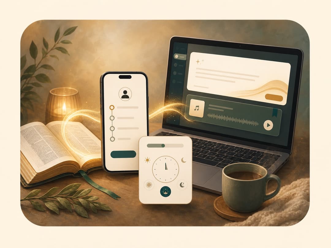 Illustration of DailyWorship onboarding with a Bible, prompt composer, and daily habit setup