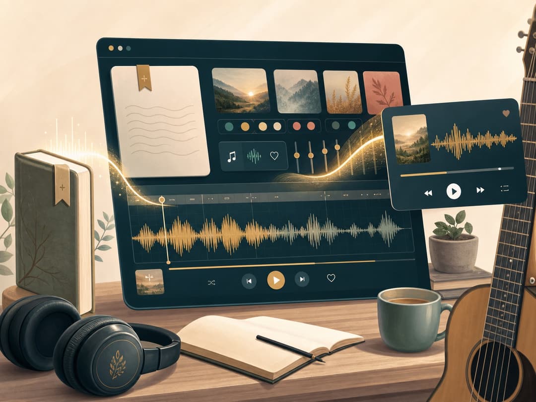 Illustration of a worship prompt becoming waveform, album art, and generation settings